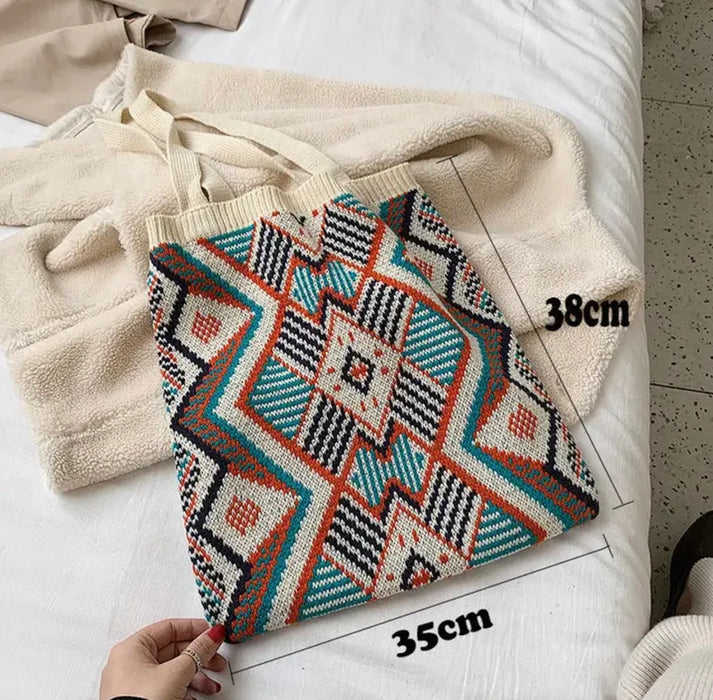 Crochet Knitted Tote Bag Bohemian Boho Chic Aztec