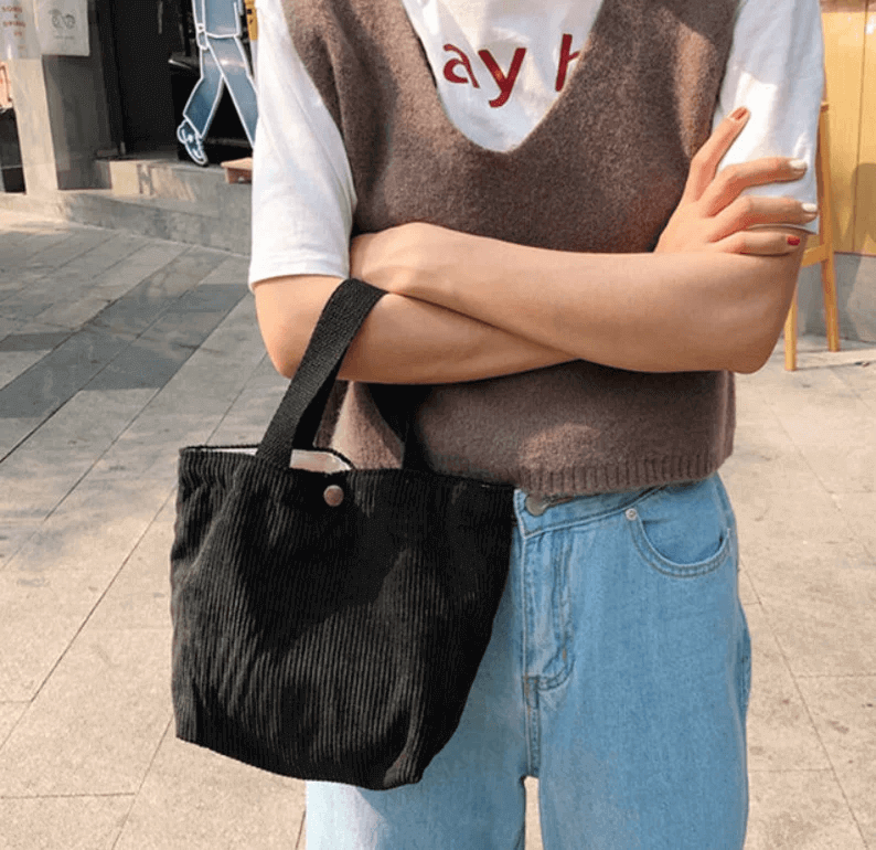 Small Corduroy Tote Bag | Mini Canvas Lunch Bag | Casual Picnic Travel Handbag for Women